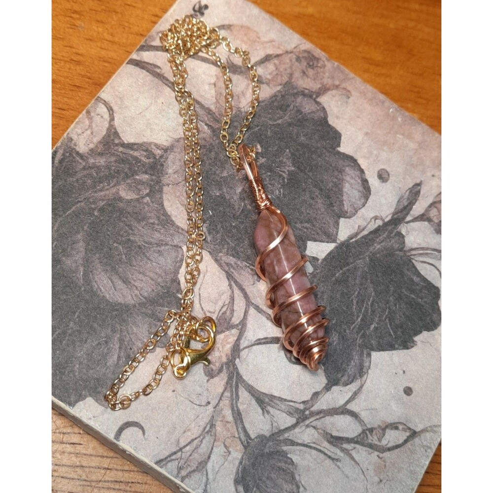 Copper Wire Wrapped Rhodonite Pendant Necklace
